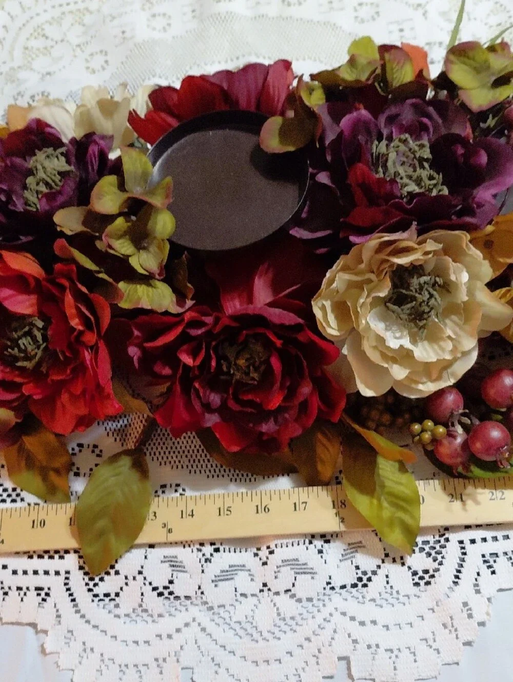 Home Interiors Burgundy, Cream & Gold Faux Floral Candle Centerpiece